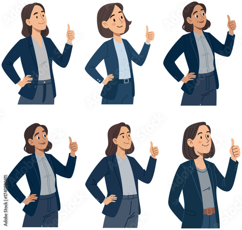 Confident businesswoman in suit giving thumbs up gesture success approval positive attitude cartoon character set