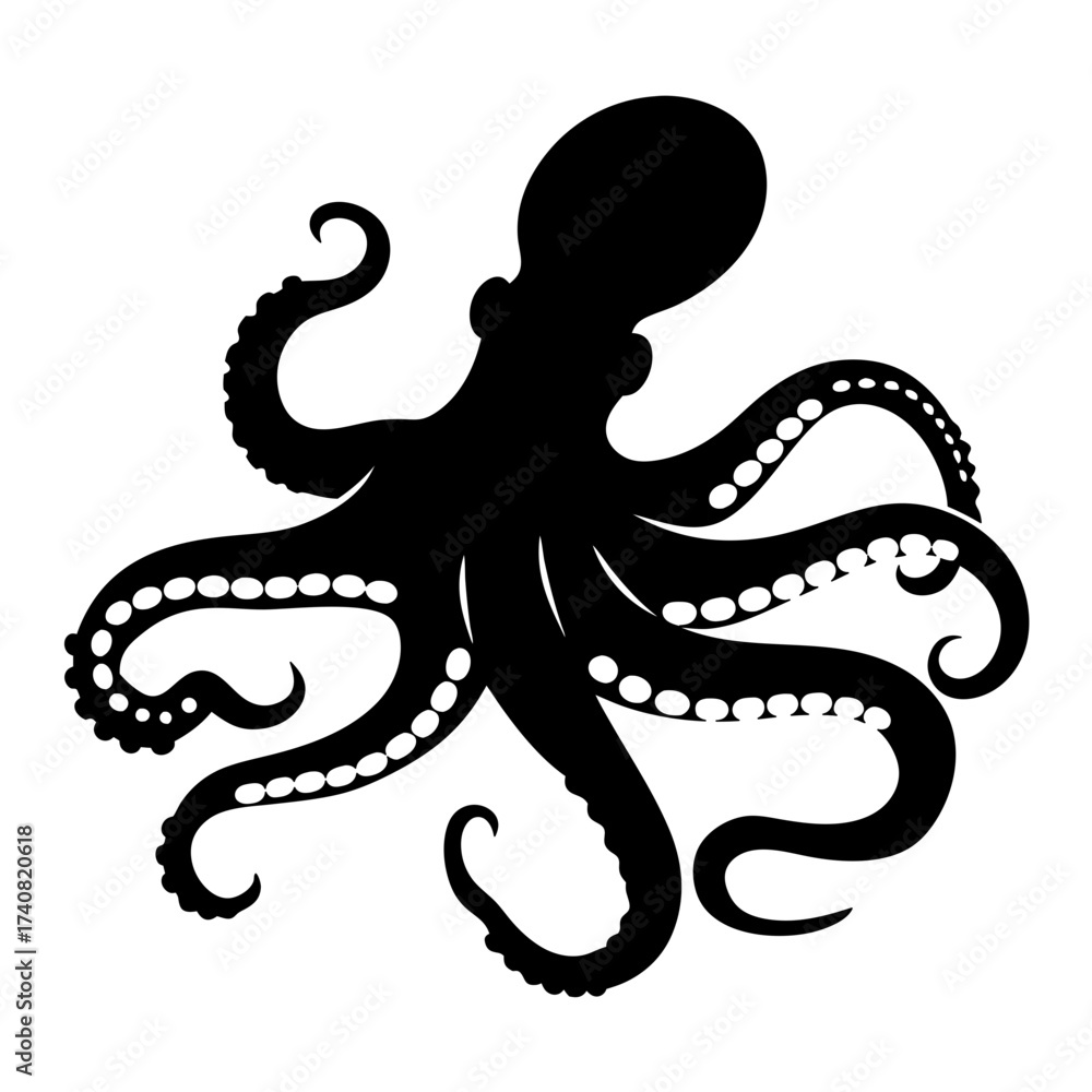 Obraz premium Black silhouette of an octopus with curled tentacles on white background