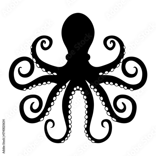Stylized black and white illustration of an octopus with curling tentacles