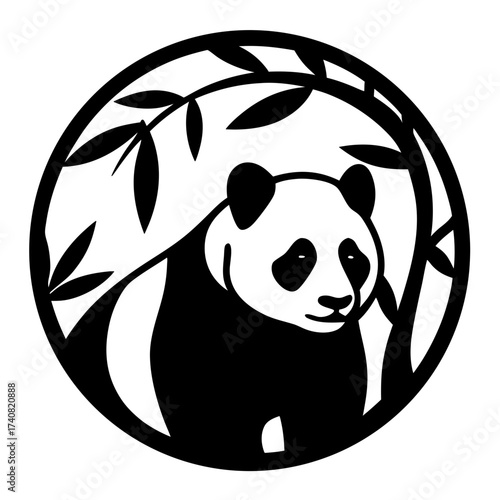 Monochrome panda framed by circular bamboo branches vector illustration design