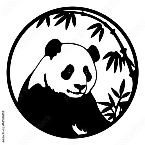 Giant panda surrounded by bamboo leaves in a stylized circle design