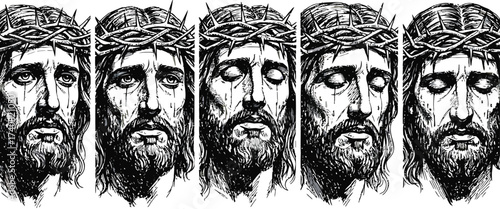 Five somber portraits of jesus christ wearing a crown of thorns