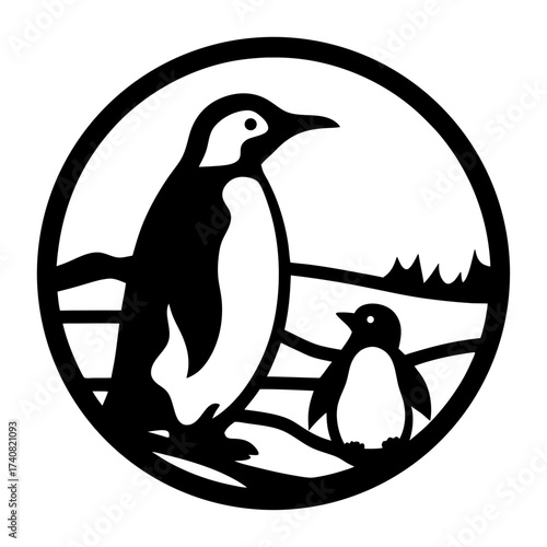 Monochrome Circular Design of a Parent Penguin and a Baby Penguin