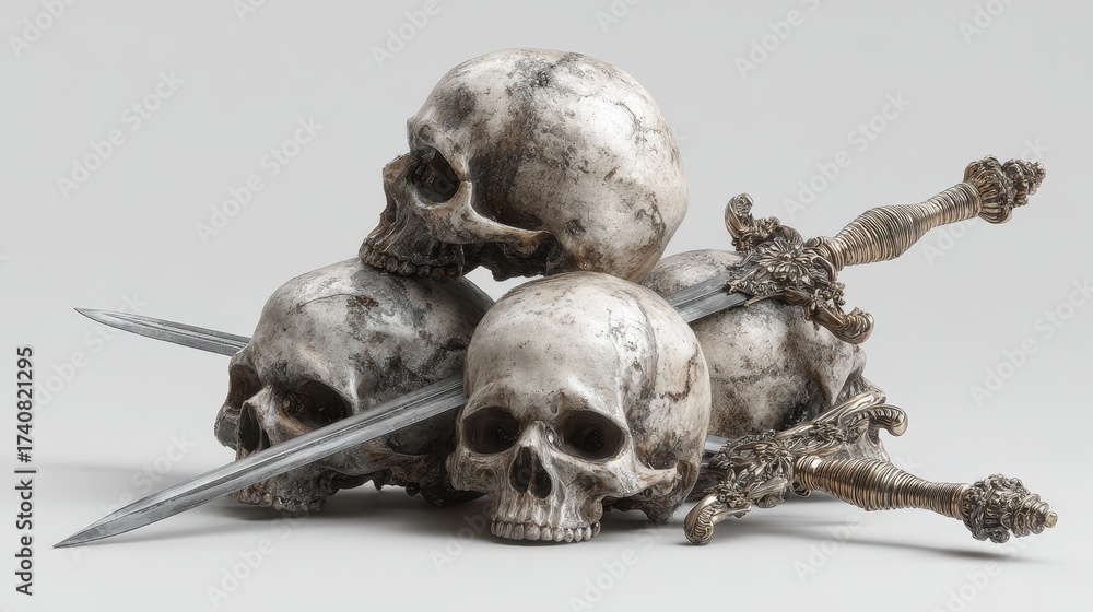 Obraz premium Four human skulls stacked on crossed swords isolated on white background, gothic dark concept with bone and blade symbol, macabre arrangement of death and weapon in dramatic composition