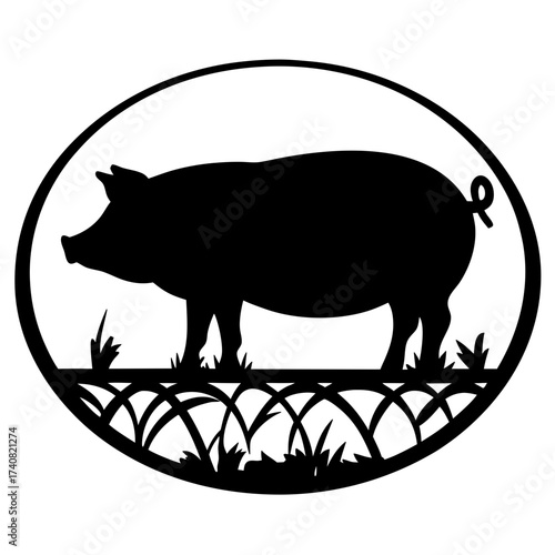 Silhouette of a pig in a round frame over grass decoration art