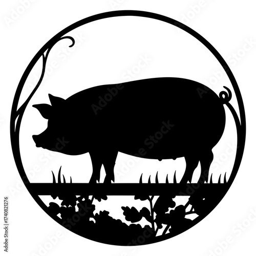 Silhouette of a pig grazing in a meadow, framed in circular design