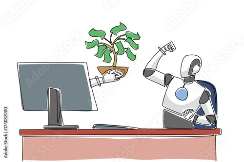 Continuous one line drawing hand of robot out of monitor screen while hold money tree with leaves made of banknotes. Branching benefits. Things from Screen. Single line draw design vector illustration