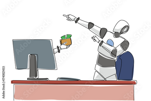 Single continuous line drawing hand of robot out of monitor screen while holding a wallet with some money coming out. Robots make profits. Things from Screen. One line design vector illustration