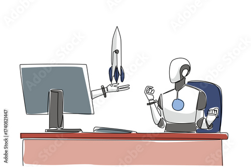 Continuous one line drawing hand of robot out of monitor screen while holding a rocket. Business innovation in the startup world. Tech. Things from Screen. Single line draw design vector illustration