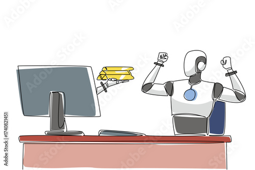 Single one line drawing hand of robot out of monitor screen while holding gold stack. Multiple benefits of gold investment. Smart robot. Things from Screen. Continuous line design graphic illustration