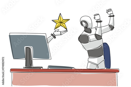 Single one line drawing hand of robot out of monitor screen while holding a star shape. Programmed to always give the best. High tech. Things from Screen. Continuous line design graphic illustration