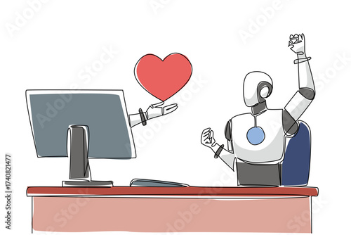 Single continuous line drawing hand of robot out of monitor screen while holds love. Artificial intelligence generates feelings from the heart. Things from Screen. One line design vector illustration