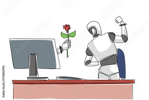 Continuous one line drawing hand of robot out of monitor screen while holding a rose flower. Artificial intelligence generates empathy. Things from Screen. Single line draw design vector illustration