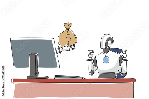 Continuous one line drawing hand of robot out from monitor screen holding a safe money bag. Minimal benefit from robot intelligence. Things from Screen. Single line draw design vector illustration