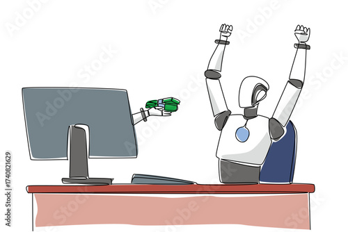 Single continuous line drawing hand of robot out from monitor screen holding a safe stack of banknotes. Very profitable copyright sales. Tech. Things from Screen. One line design vector illustration
