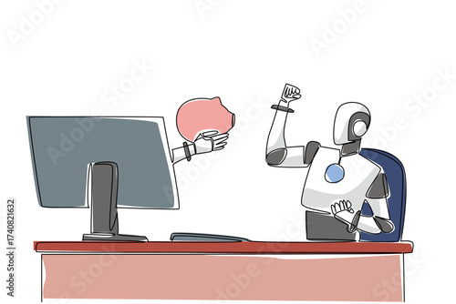 Single one line drawing hand of robot out from monitor screen holding a safe piggy bank. Budget for advanced artificial intelligence. Things from Screen. Continuous line design graphic illustration