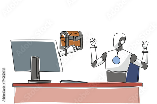 Single one line drawing hand of robot out from monitor screen holding a treasure chest. Antique objects and technological intelligence. Things from Screen. Continuous line design graphic illustration