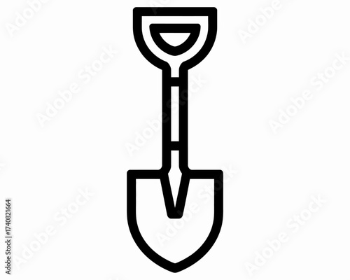 Black and white shovel outline icon illustration for gardening construction and excavation projects simple minimalist design for web and print use