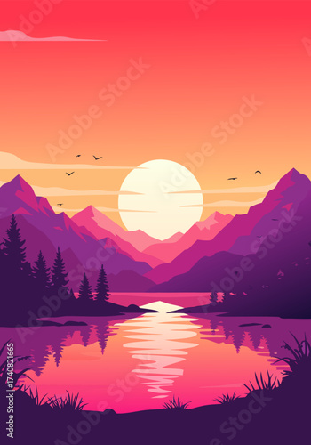 Stunning flat design vector illustration of a vibrant sunset over majestic purple mountains, reflecting golden hues in a tranquil lake