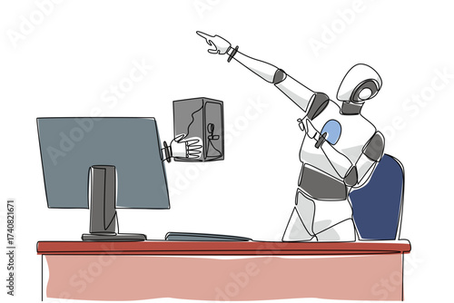 Single continuous line drawing hand of robot out from monitor screen holding a safe deposit box. The safest storage of smart robot programming. Things from Screen. One line design vector illustration
