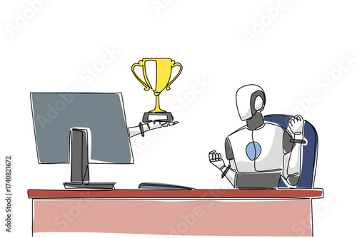 Continuous one line drawing hand of robot out from monitor screen while holding trophy. Highly prestigious award for robot intelligence. Things from Screen. Single line draw design vector illustration