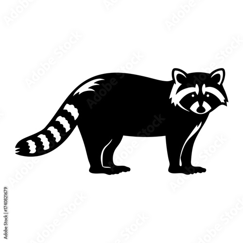 Black and white silhouette illustration of a raccoon standing on all fours