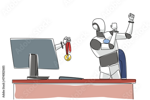 Single continuous line drawing hand of robot out of monitor screen while holding a medal. Awards from the highest technology. Smart robot. AI. Things from Screen. One line design vector illustration