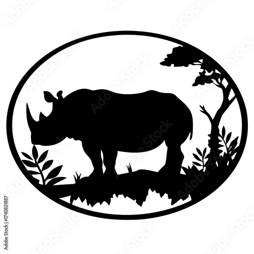 Silhouette of a rhinoceros surrounded by vegetation within an oval frame design