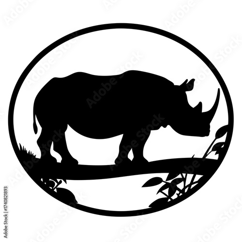 Black silhouette of a rhinoceros standing on a tree branch inside circle frame