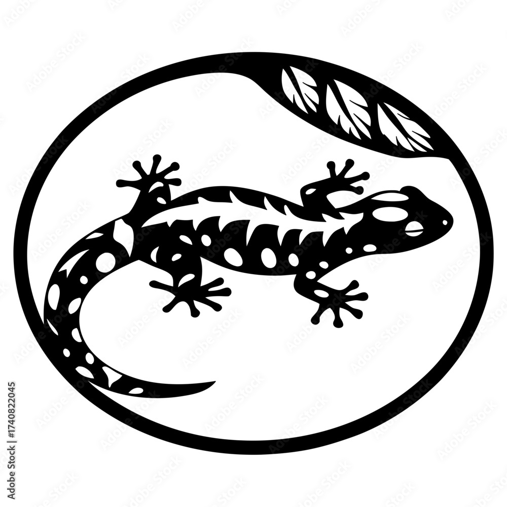 Fototapeta premium Stylized gecko illustration in a black circular frame with leaf detail