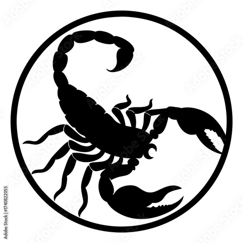 Black silhouette of a scorpion in a circle on a white background