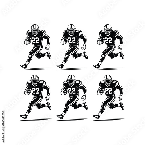Six silhouette american football players running in action