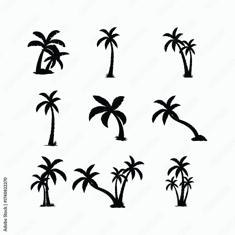 Fototapeta premium Palm Tree Silhouette Vector Set Tropical Beach and Summer Illustration Pack.