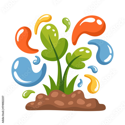 Colorful Seedling Illustration with Water Droplets and Fertile Soil Growing Hope and New Beginnings