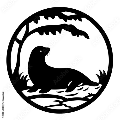Monochrome artwork of a seal under a tree inside a circle frame