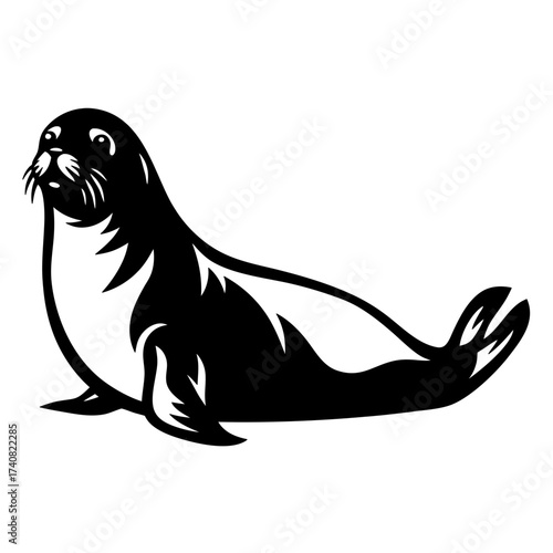 Elegant black and white illustration of a seal looking upward gracefully