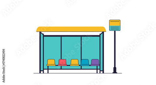 Colorful Bus Stop with Seating and Sign Public Transportation Illustration.