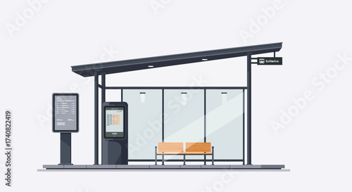 Modern Bus Stop with Digital Display and Wooden Bench Seating.