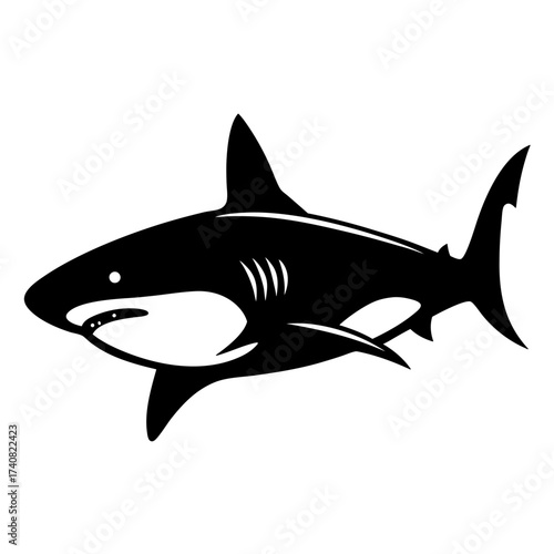 Striking Black and White Illustration of a Great White Shark Swimming
