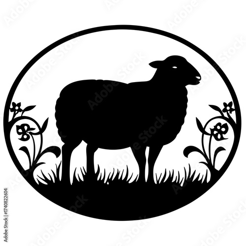 Sheep grazing in a pasture, framed by a circular floral design