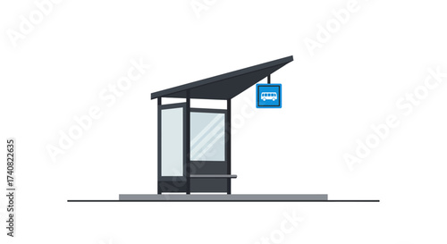 Modern Bus Stop Shelter with Signage and Bench.