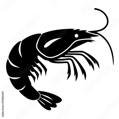 Elegant Black Shrimp Illustration with Detailed Carapace and Curving Antennae Design