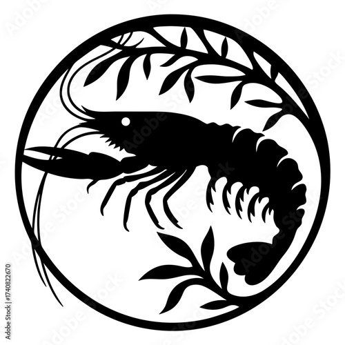 Black silhouette of a shrimp with leafy branches within a circle