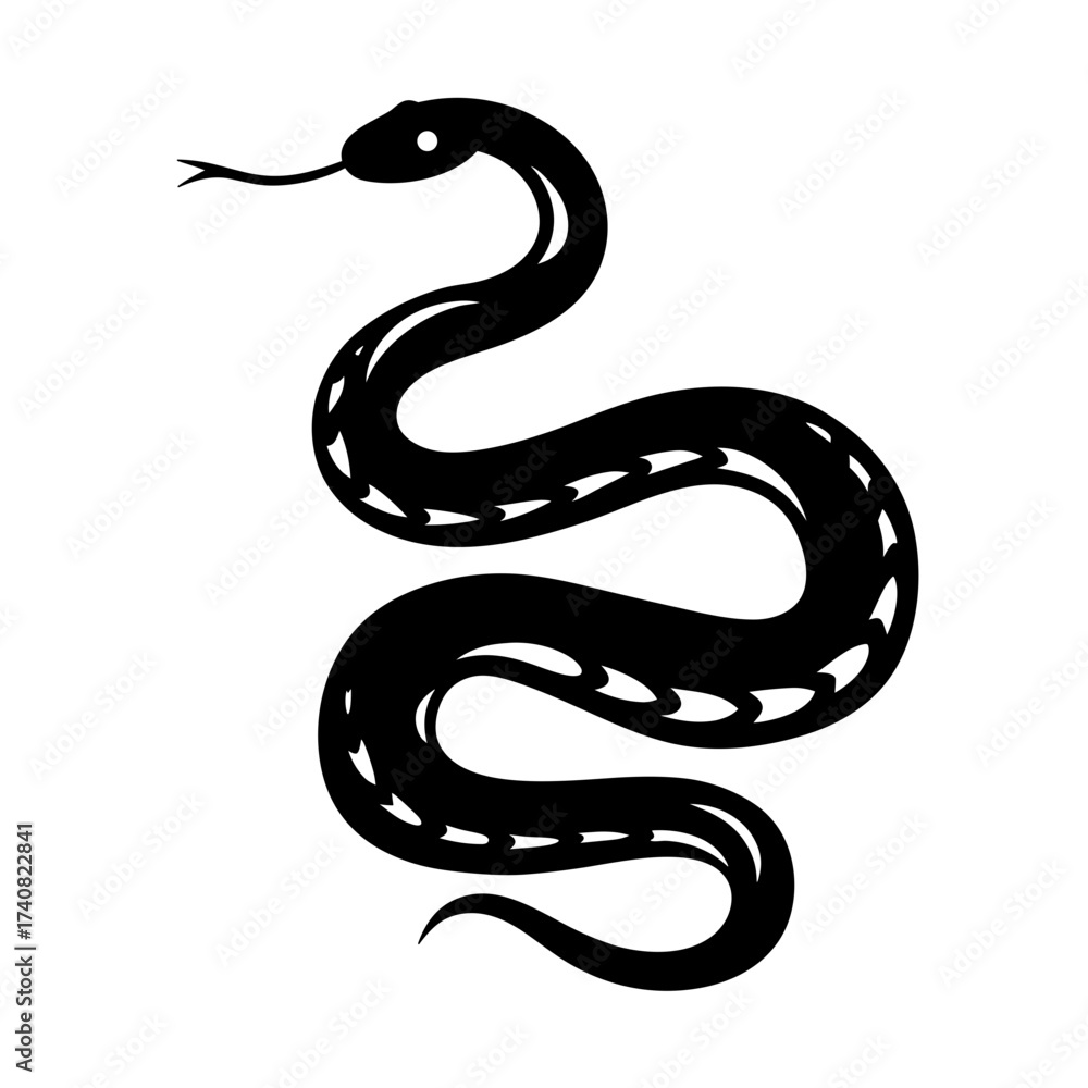 Fototapeta premium Stylized black snake with tongue out, facing left with a white background
