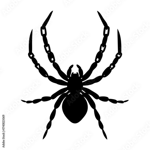 Silhouette of a Spider Dangling from Chains, Isolated on White Background
