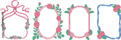 Elegant floral birthday card design with pink roses, decorative wreath, romantic greeting, vintage frame, wedding invitation, botanical border, celebration template