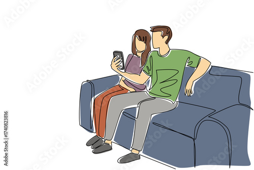 Continuous one line drawing man and woman sitting on sofa looking at smartphone. Feeling enthusiastic. Quality time even with simple activities. Surprise. Single line draw design vector illustration