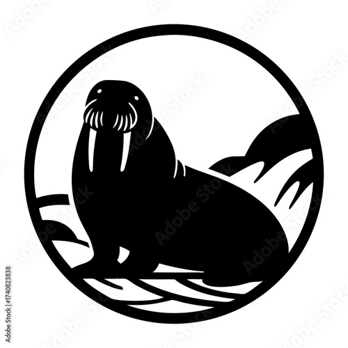 Stylized black and white illustration of a walrus in a circular frame