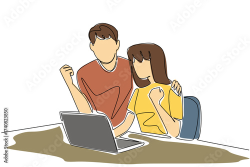 Single one line drawing a young couple expressing themselves in front of a laptop. Targeting items in cyberspace and getting discounts. Shopping. Surprise. Continuous line design graphic illustration