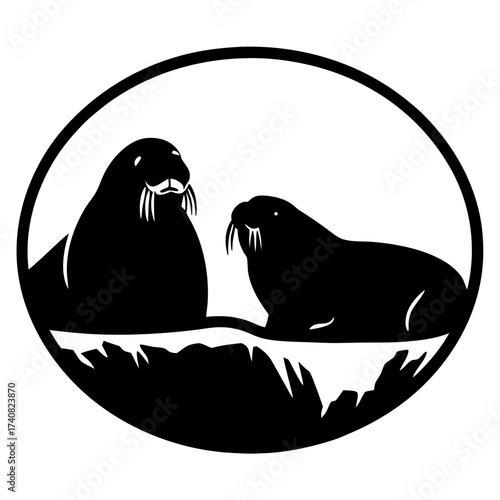 Monochrome Illustration of Two Walruses Resting on an Ice Floe in Circle